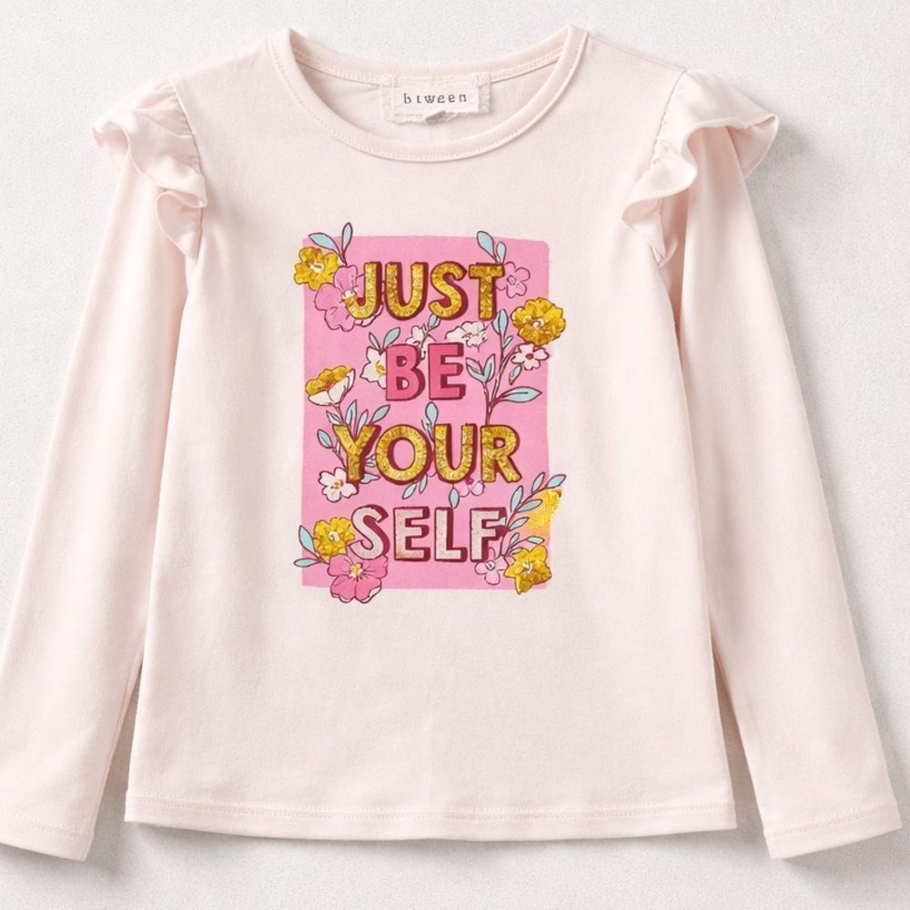 Btween pale pink ruffle long sleeve graphic T-shirt Just Be Yourself NWOT size 5